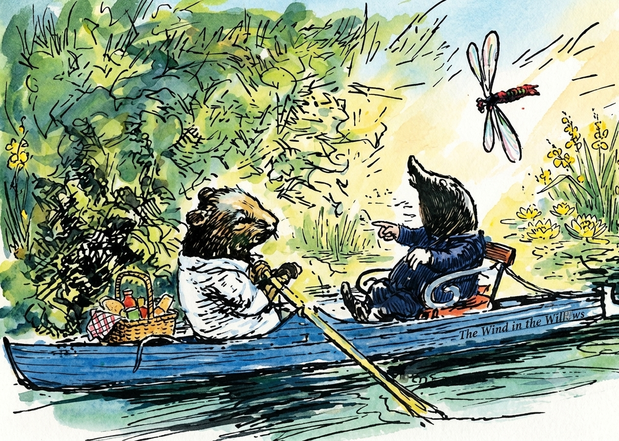 Water Rat and Mole sharing a picnic as they row along the river