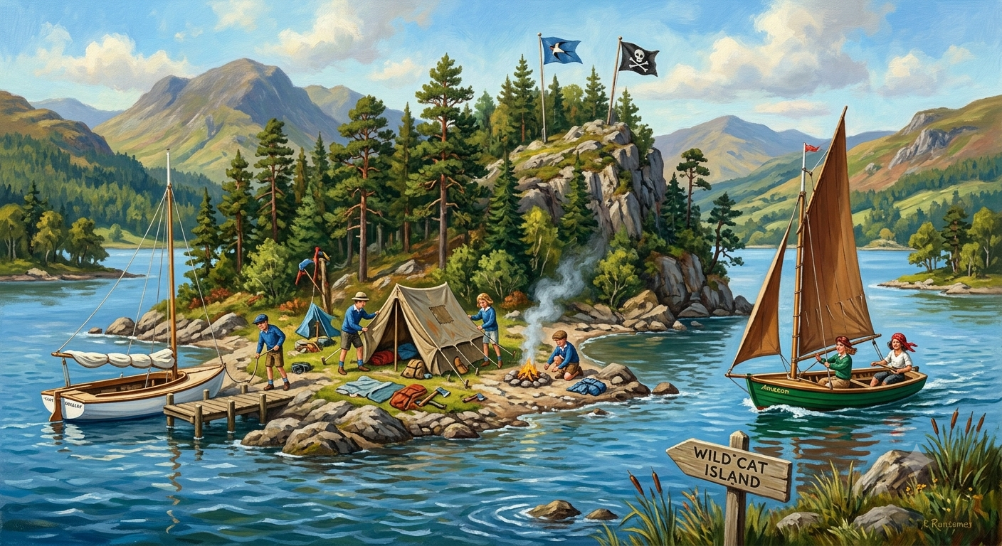 A storybook interpretation of Wild Cat Island, with children camping and the dinghies Swallow and Amazon nearby